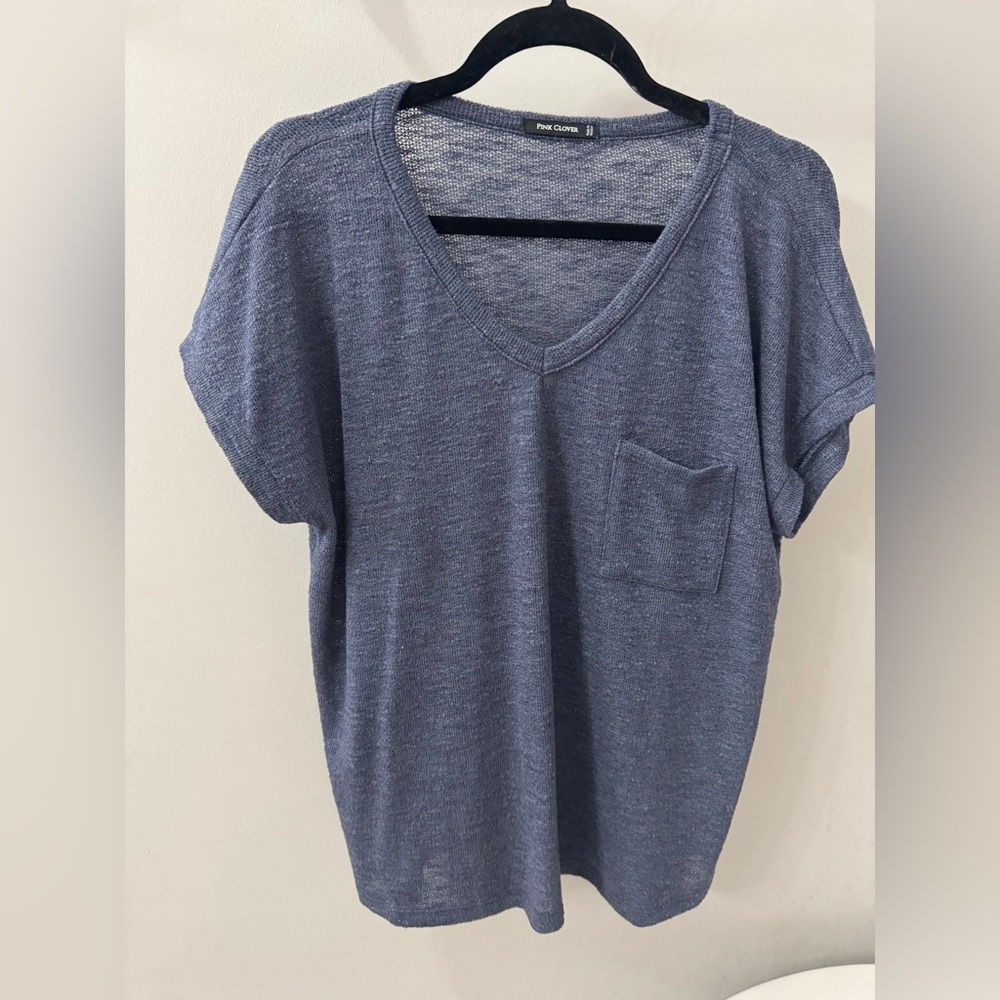 Pink Clover Blue V-Neck Women Top